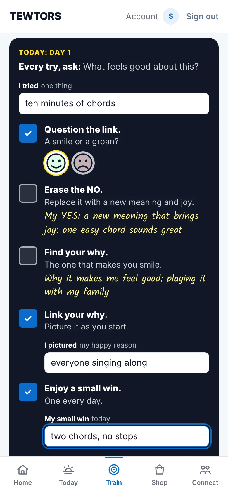 The day's card in the app: your own lines come back in pen and the day's boxes are ticked