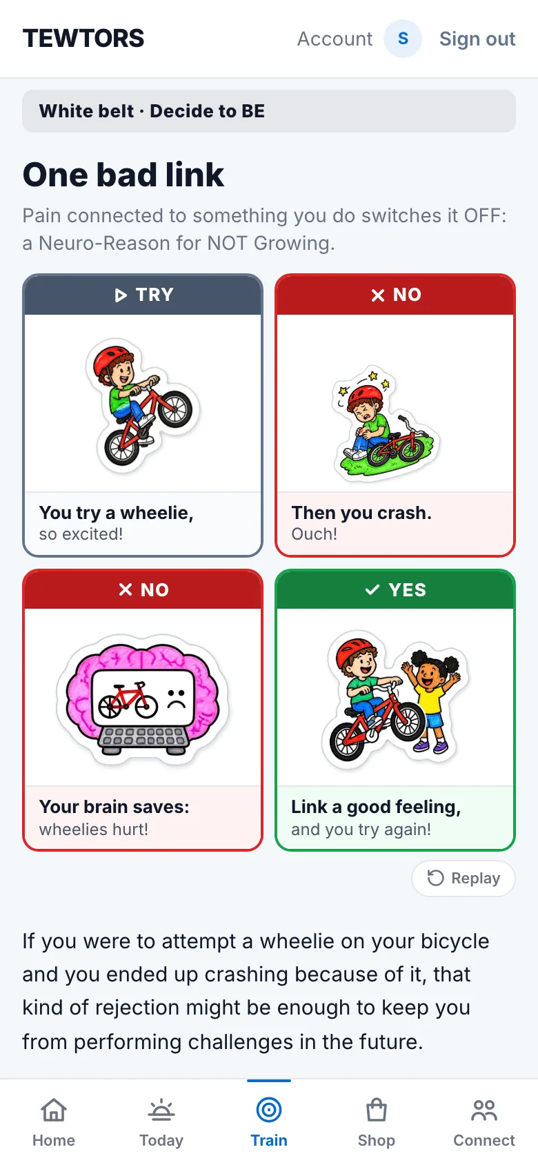 A lesson in the app: four pictures, a try, a crash, the brain saving it, and trying again