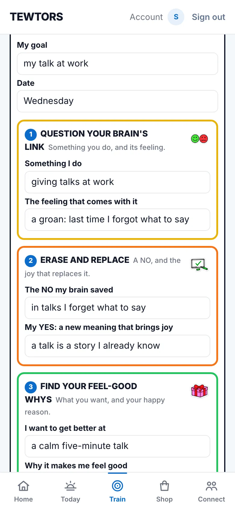 Your own sheet in the app, filled in for a talk at work